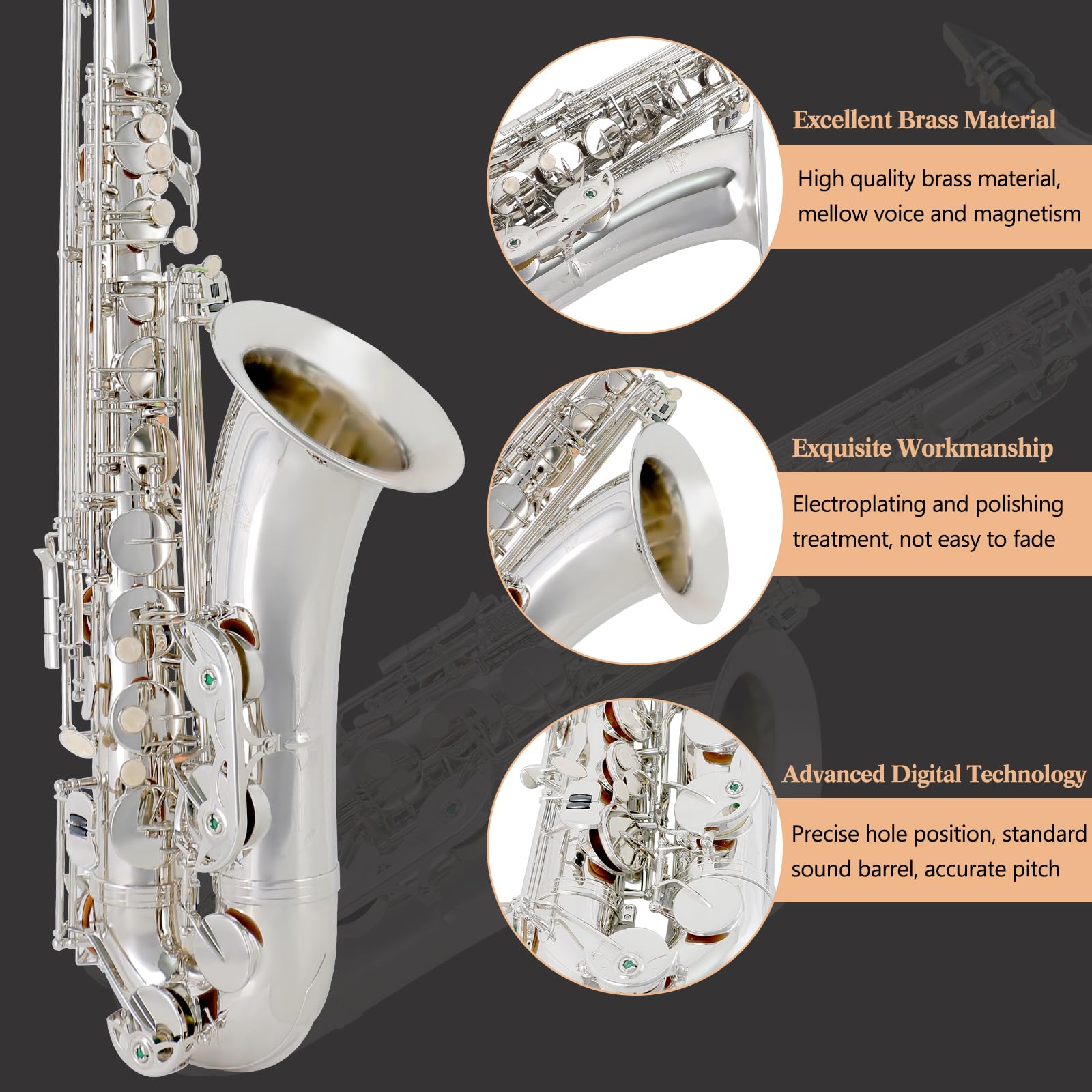 EASTROCK Nickel Tenor Saxophone B Flat Tenor Sax Professional Tenor Saxophone for Beginners Students Kids and Musicians with Car